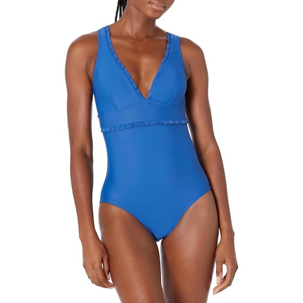 Tommy Hilfiger Womens Blue Ruffle V-Neck One Piece Swimsuit Size‎ 6 NEW $98